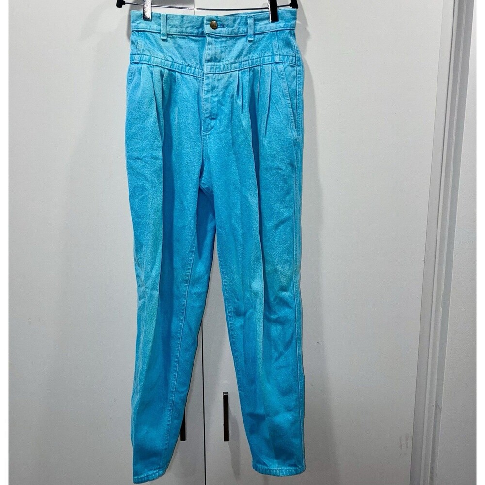 Vintage 80s 90s Lee Teal High Rise Pleated Tapered Mom Pants USA 11 Front Yoke